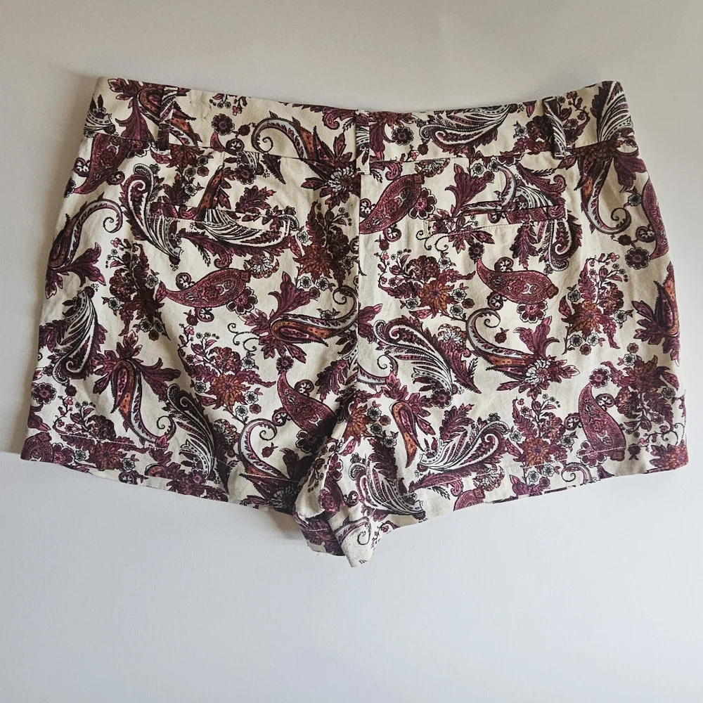 Loft Linen Blend‎ Chino Shorts Womens 14 White Purple Paisley Boho Cottagecore
